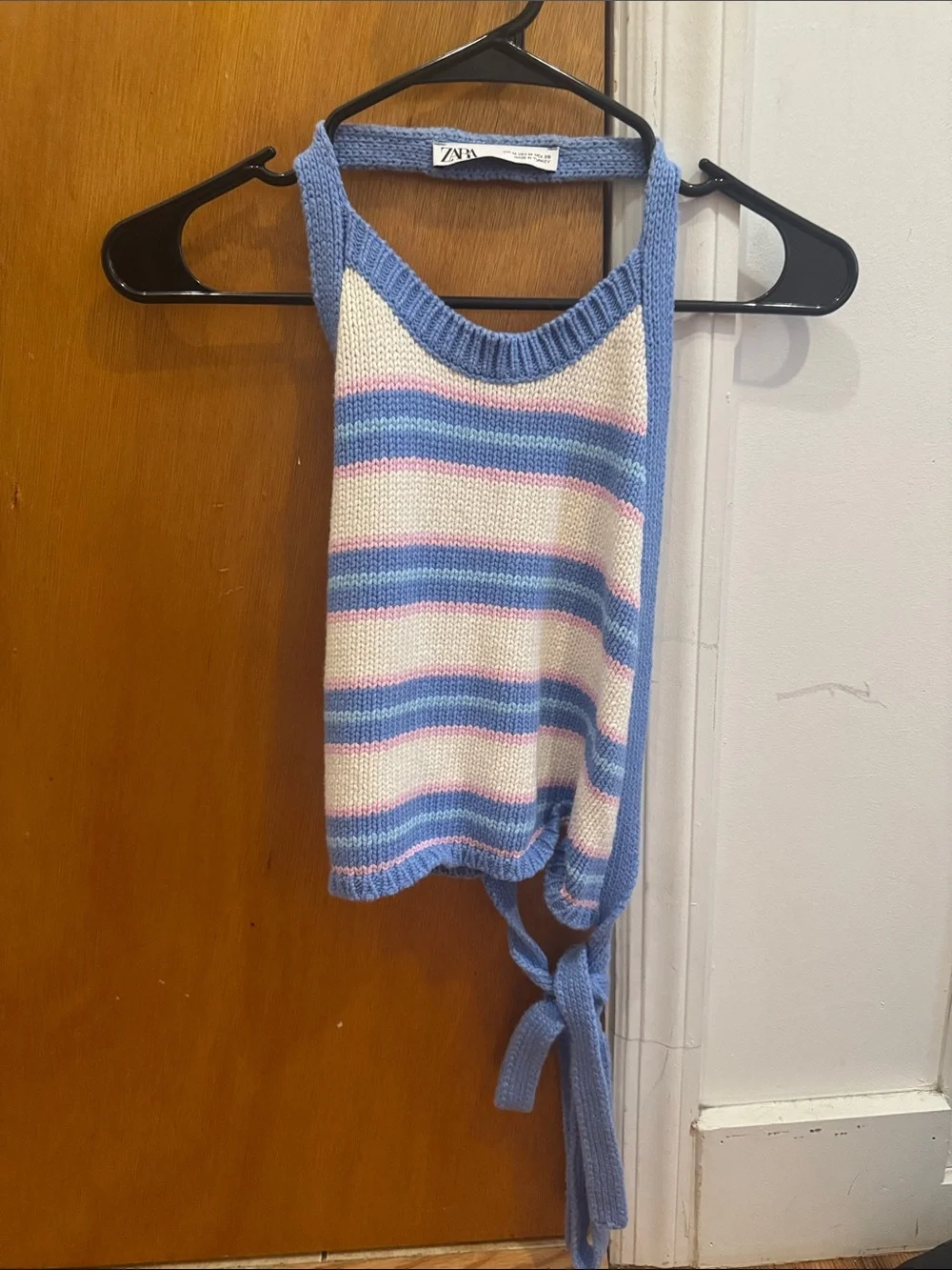 Zara Blue, White & Pink Striped Knit Backless Top